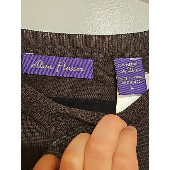 Alan Flusser Argyle Mens Sweater Merino Wool Large Dark Brown Preppy Old Money - Picture 2 of 6